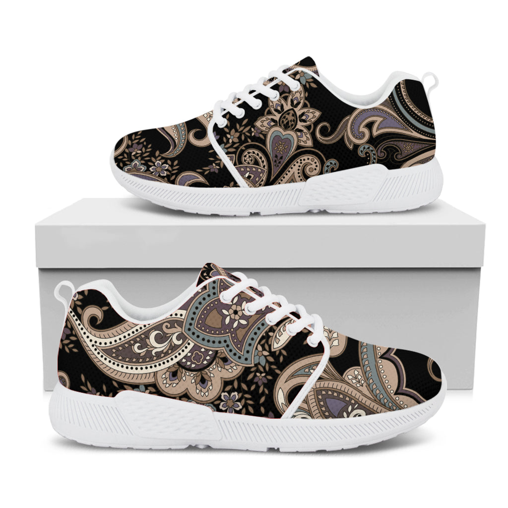 Dark Brown Paisley Pattern Print White Athletic Shoes