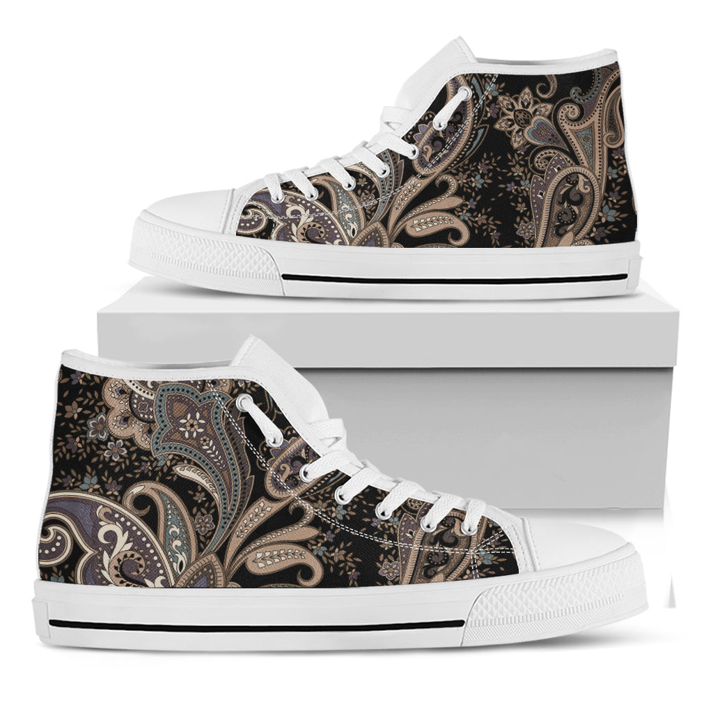 Dark Brown Paisley Pattern Print White High Top Shoes