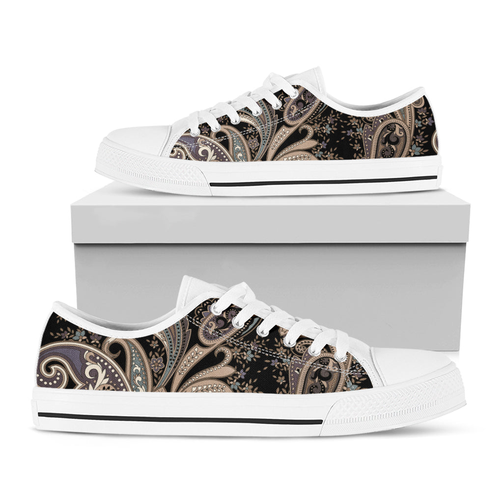 Dark Brown Paisley Pattern Print White Low Top Shoes