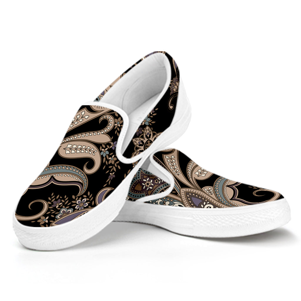 Dark Brown Paisley Pattern Print White Slip On Shoes