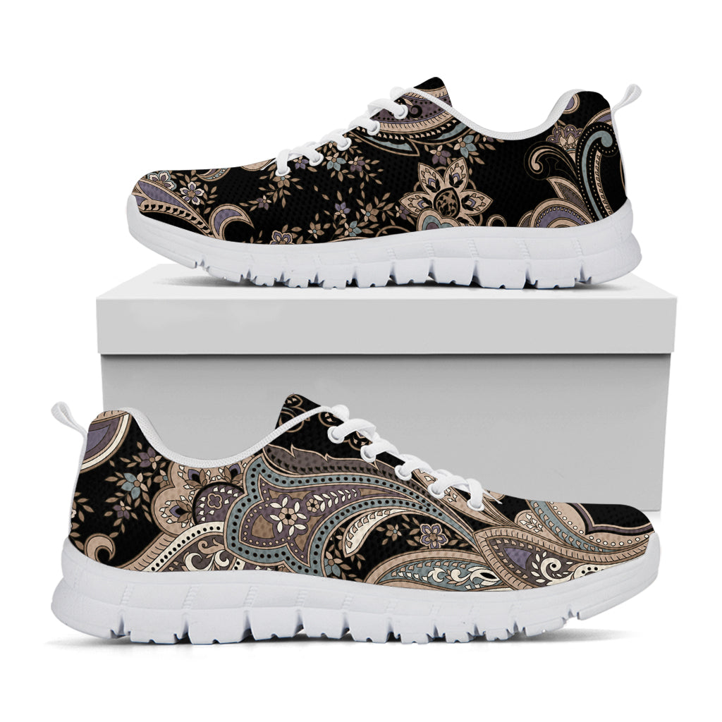 Dark Brown Paisley Pattern Print White Sneakers