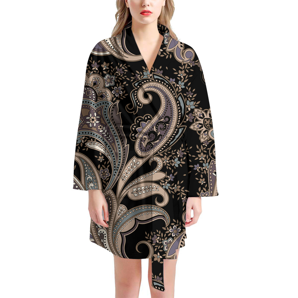 Dark Brown Paisley Pattern Print Women's Bathrobe