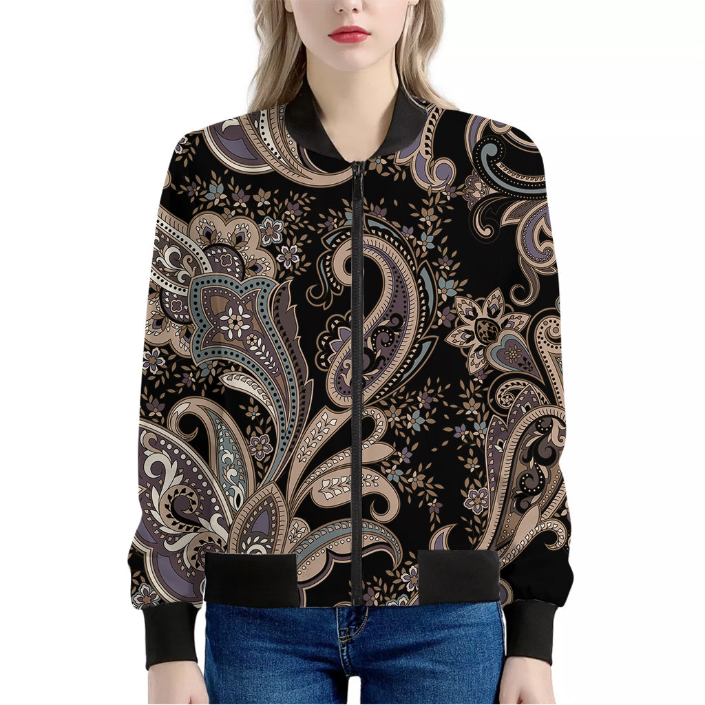 Dark Brown Paisley Pattern Print Women's Bomber Jacket