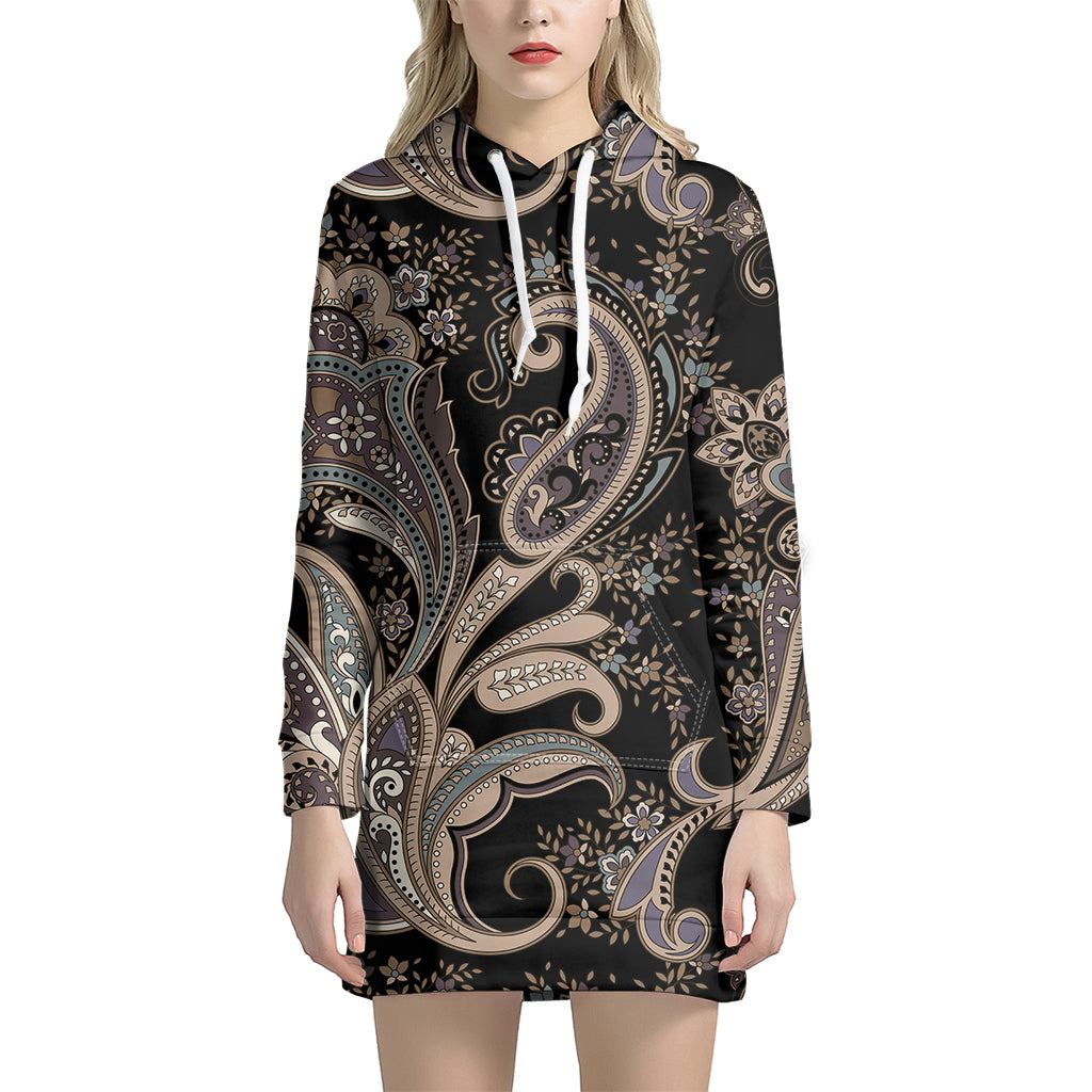 Dark Brown Paisley Pattern Print Women's Pullover Hoodie Dress