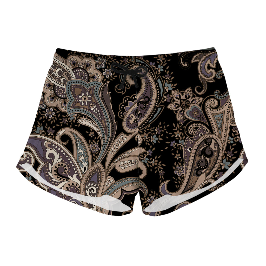 Dark Brown Paisley Pattern Print Women's Shorts