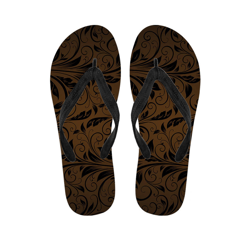 Dark Brown Western Damask Print Flip Flops