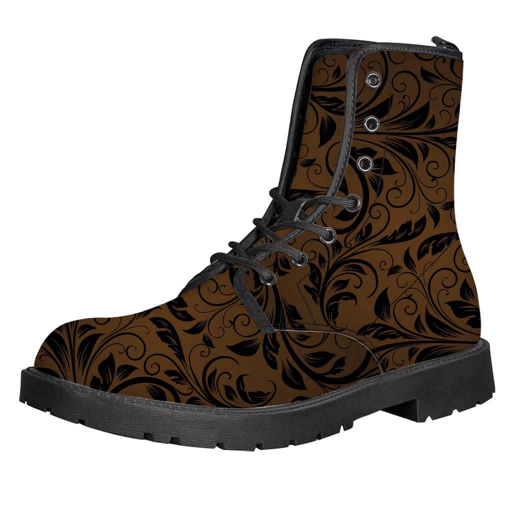 Dark Brown Western Damask Print Leather Boots