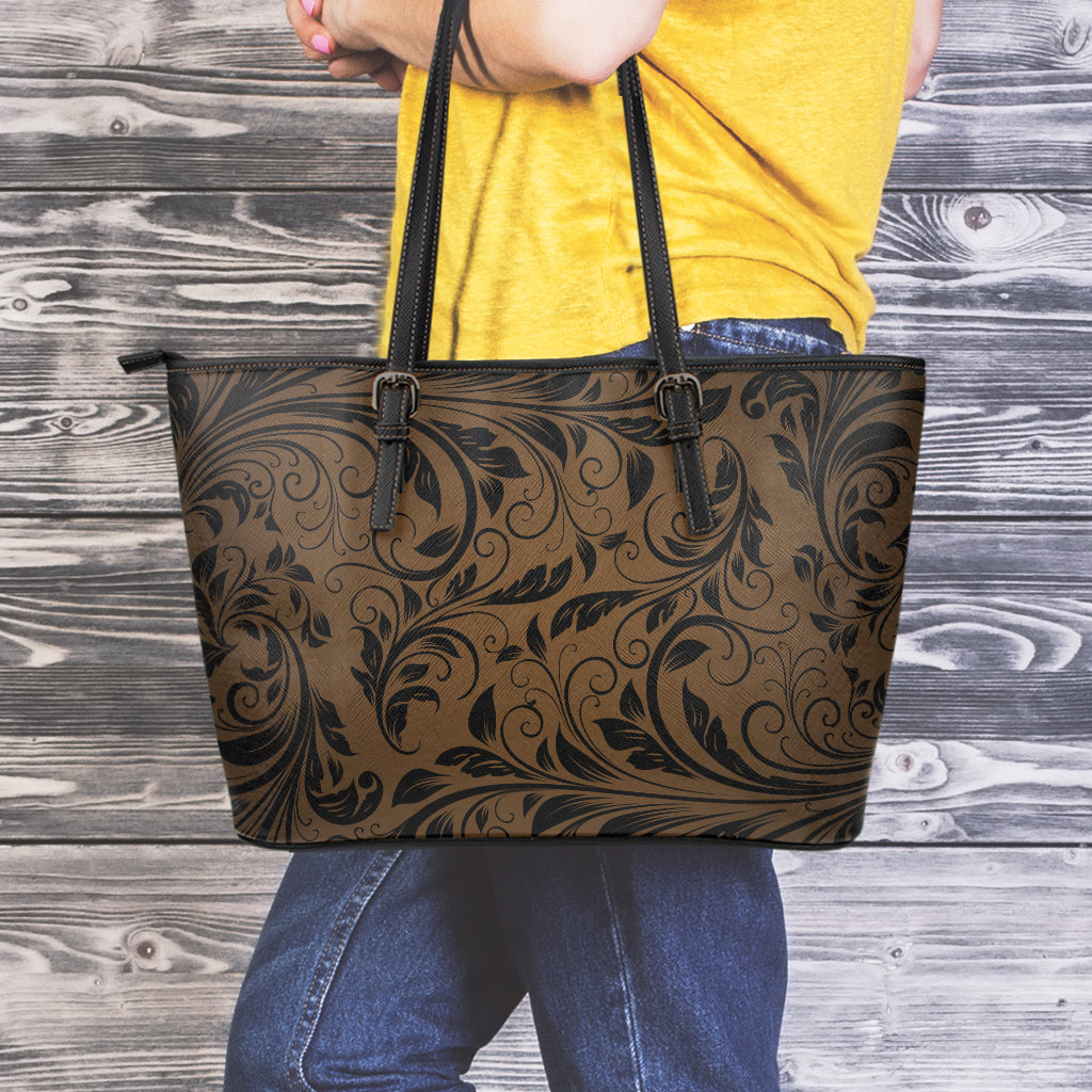 Dark Brown Western Damask Print Leather Tote Bag