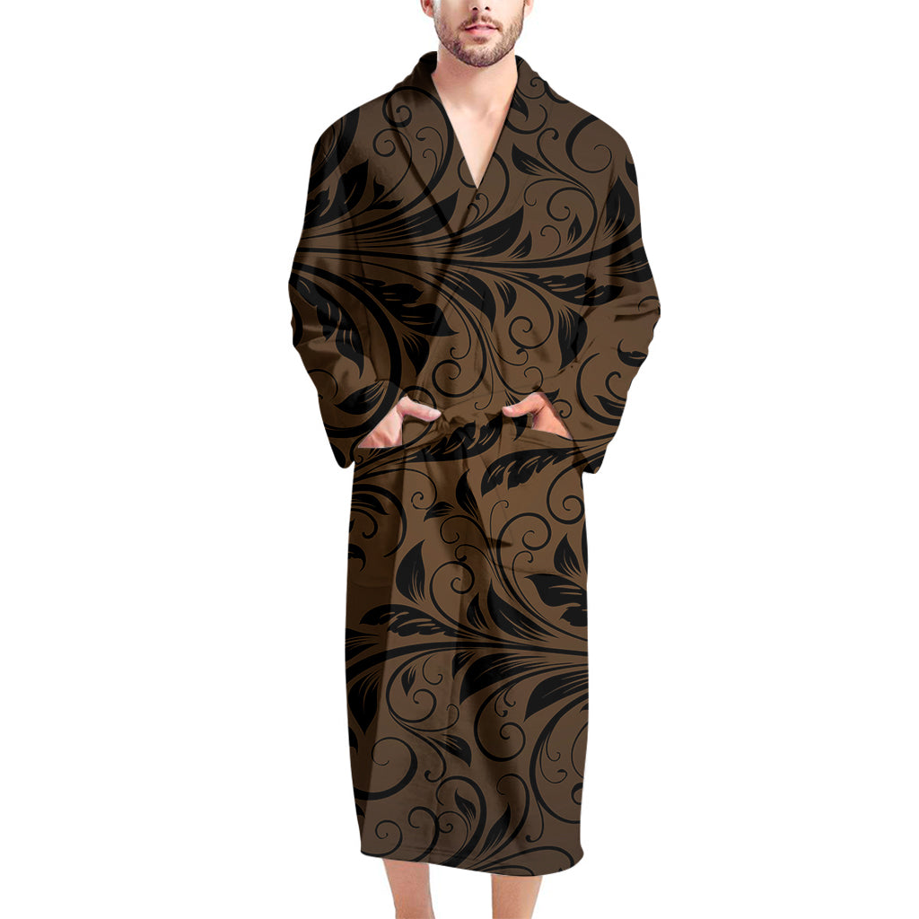 Dark Brown Western Damask Print Men's Bathrobe