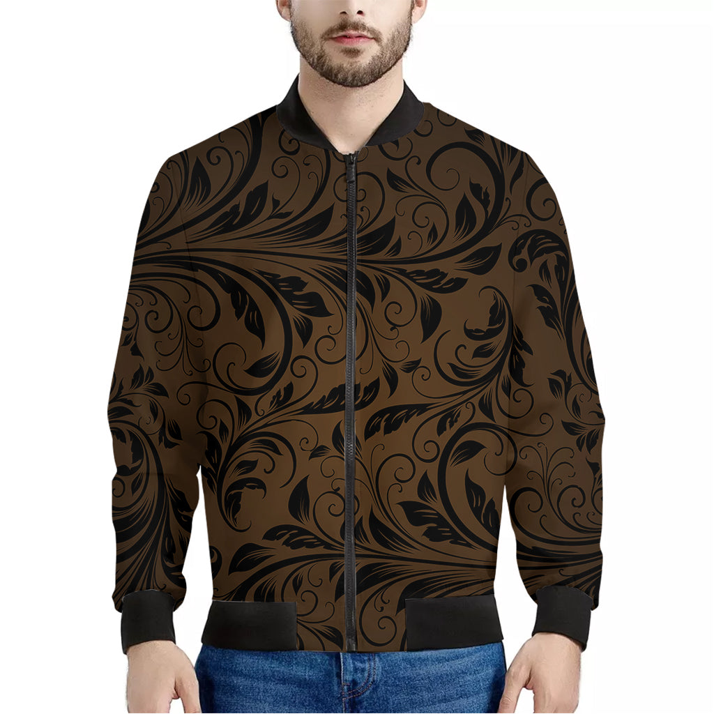 Dark Brown Western Damask Print Men's Bomber Jacket