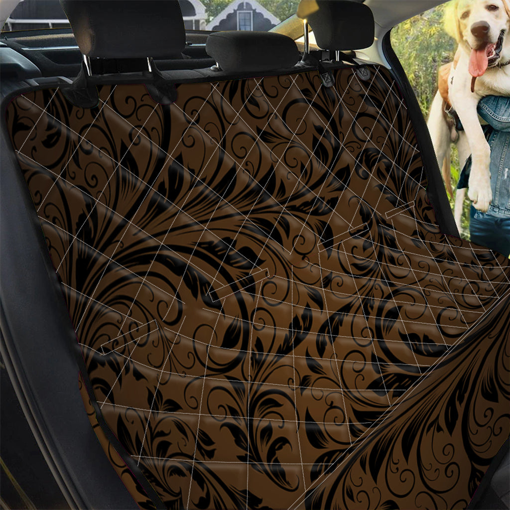 Dark Brown Western Damask Print Pet Car Back Seat Cover