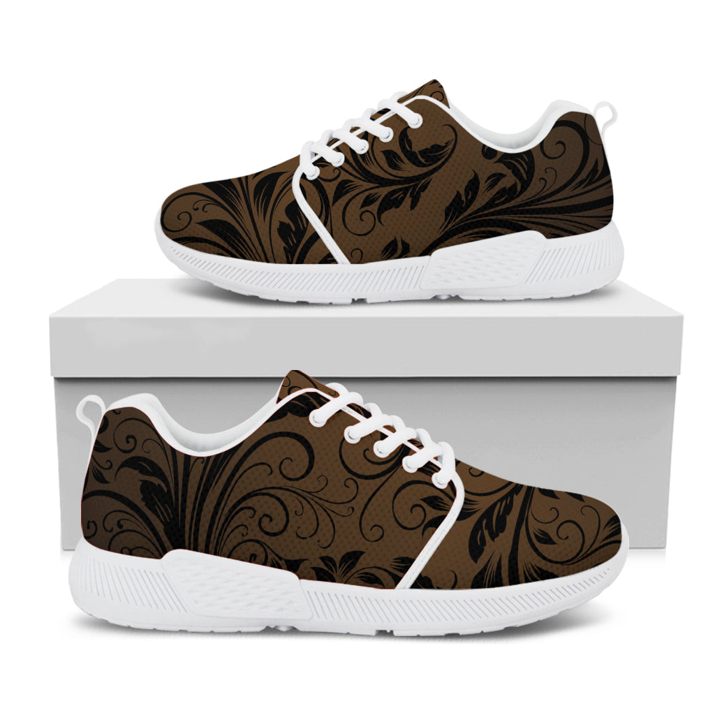 Dark Brown Western Damask Print White Athletic Shoes