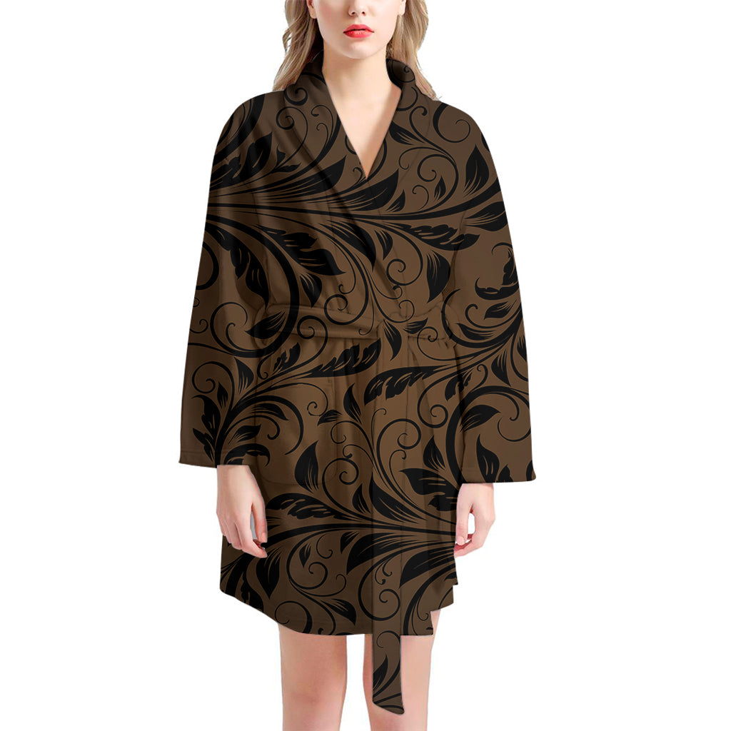 Dark Brown Western Damask Print Women's Bathrobe