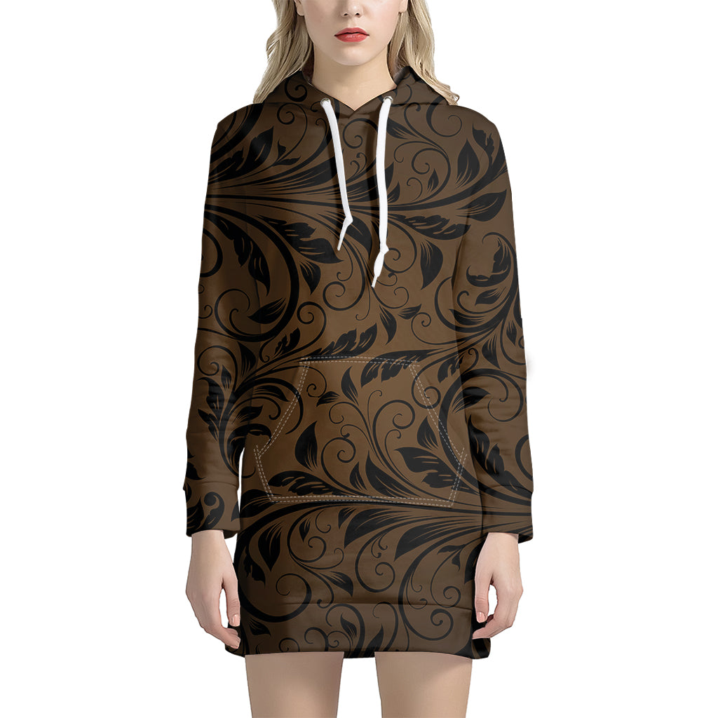 Dark Brown Western Damask Print Women's Pullover Hoodie Dress