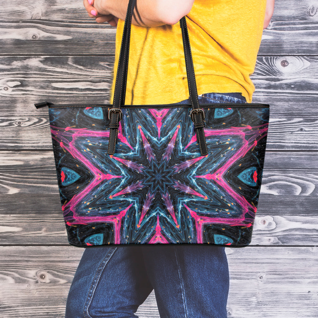 Dark Cloud Kaleidoscope Print Leather Tote Bag