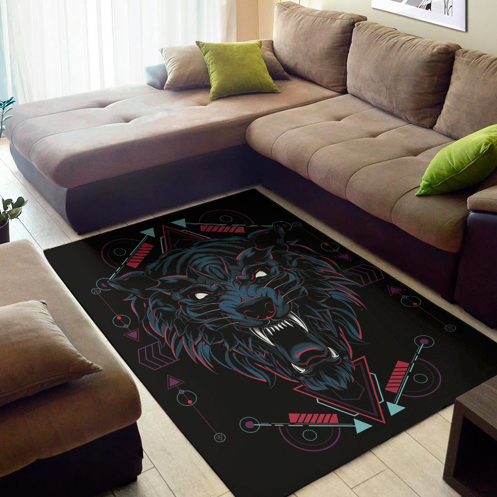 Dark Geometric Wolf Print Area Rug