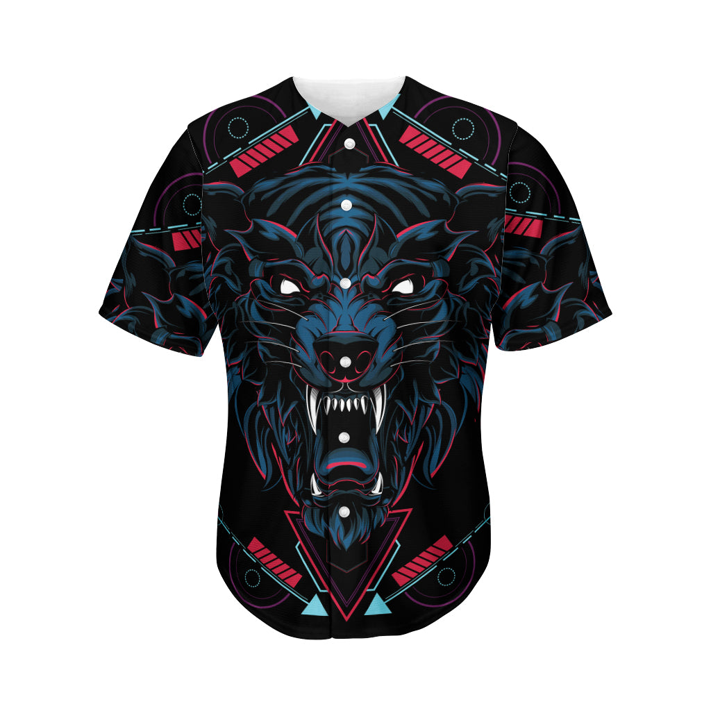 Dark Geometric Wolf Print Men's Baseball Jersey