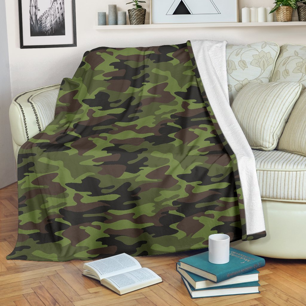 Dark Green And Black Camouflage Print Blanket