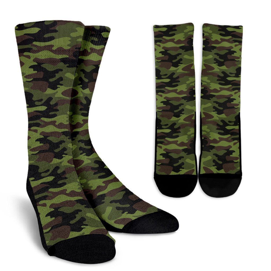 Dark Green And Black Camouflage Print Crew Socks