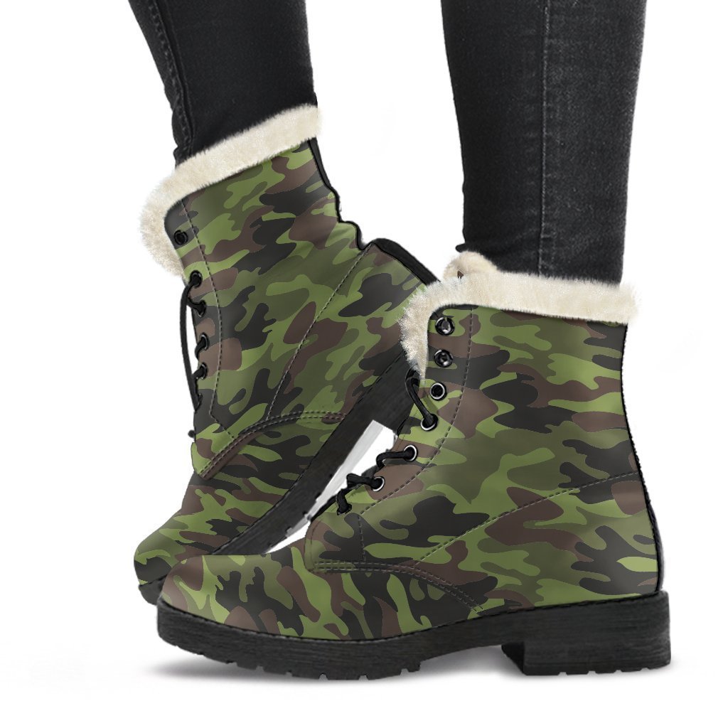 Dark Green And Black Camouflage Print Faux Fur Leather Boots