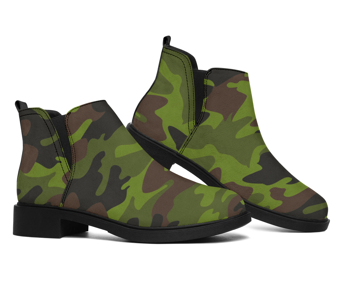 Dark Green And Black Camouflage Print Flat Ankle Boots