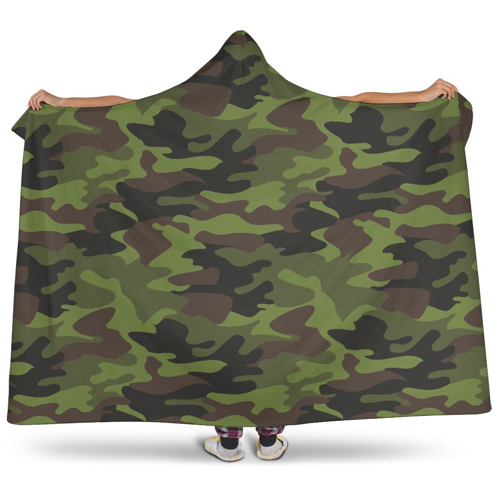 Dark Green And Black Camouflage Print Hooded Blanket