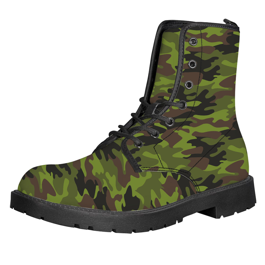 Dark Green And Black Camouflage Print Leather Boots