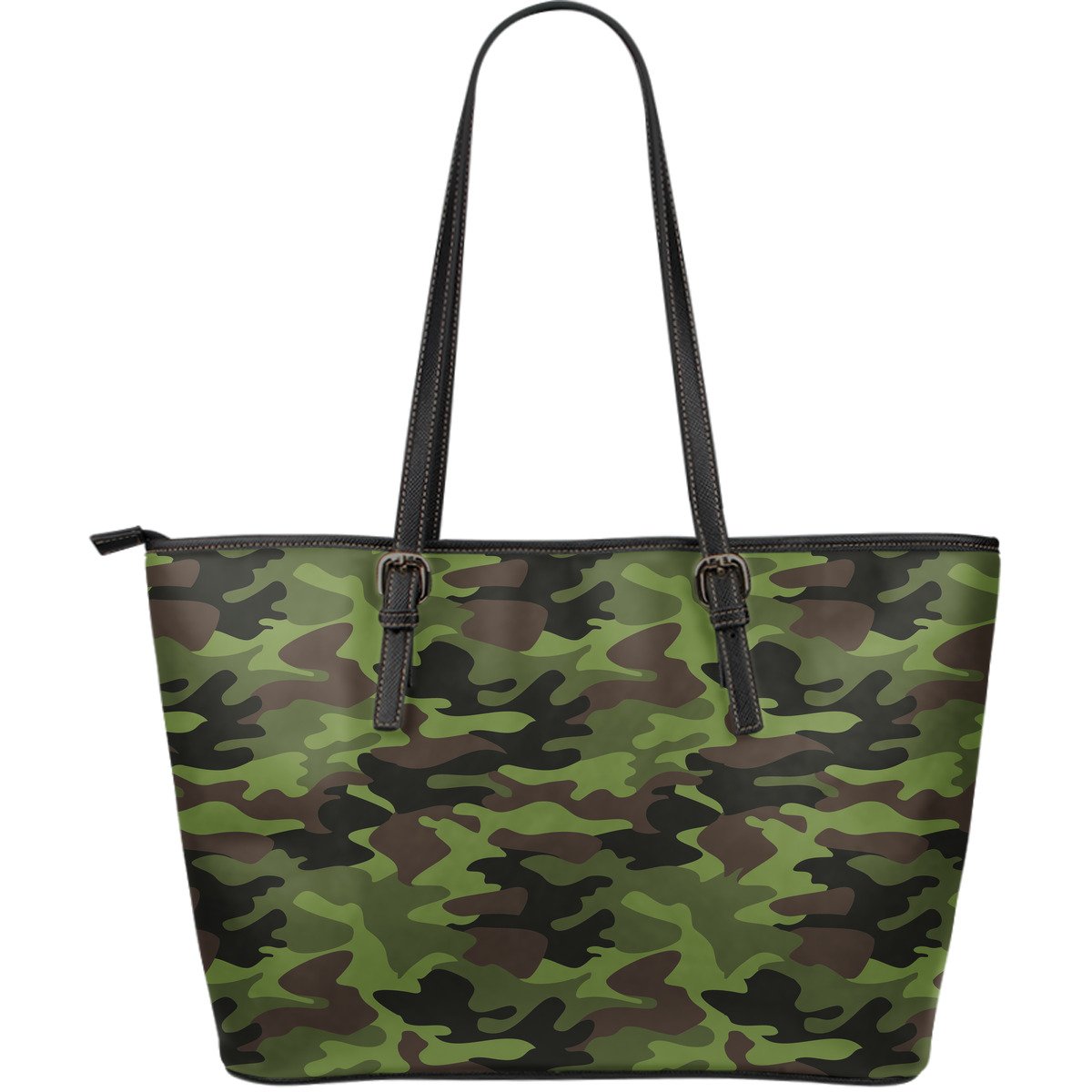 Dark Green And Black Camouflage Print Leather Tote Bag