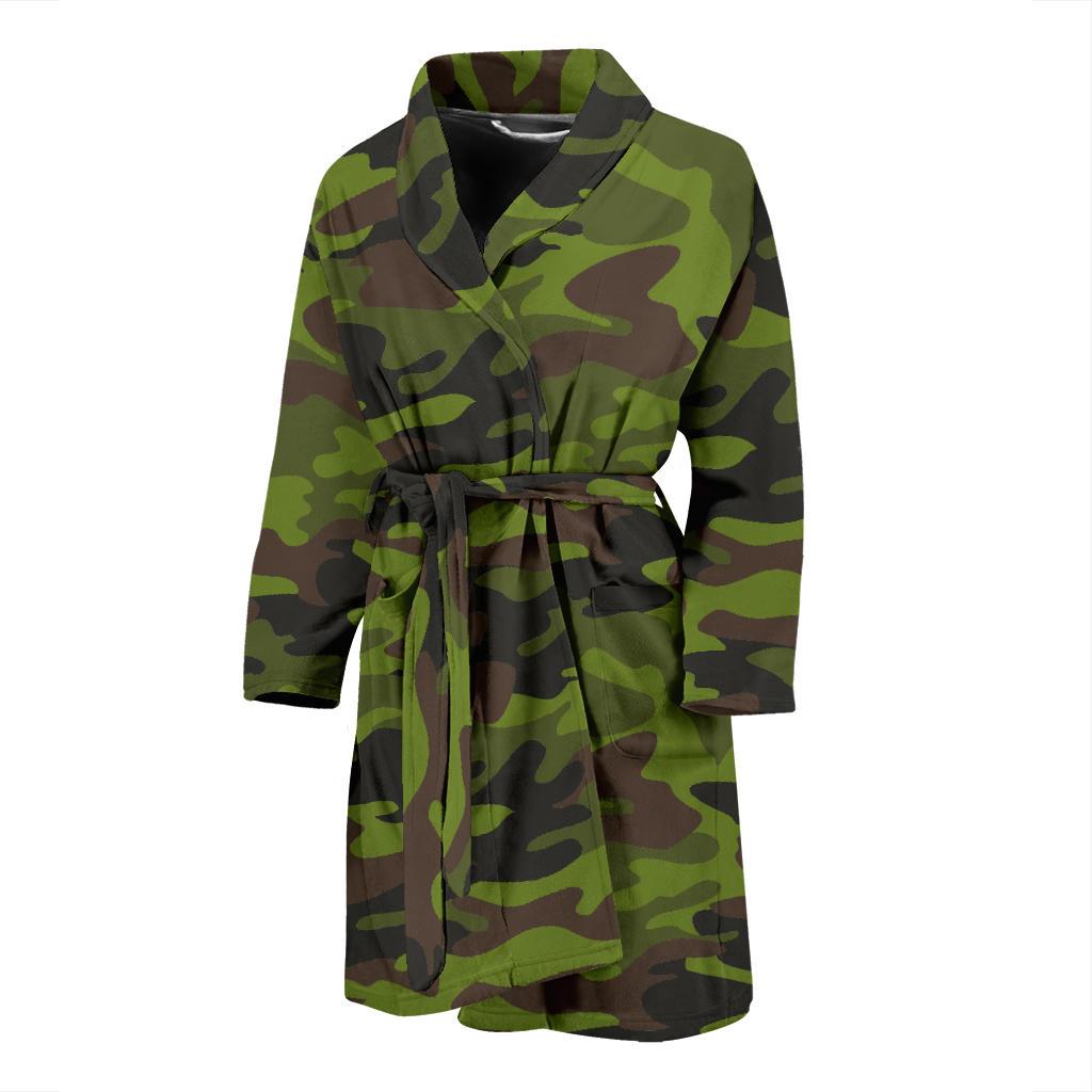 Dark Green And Black Camouflage Print Men's Bathrobe