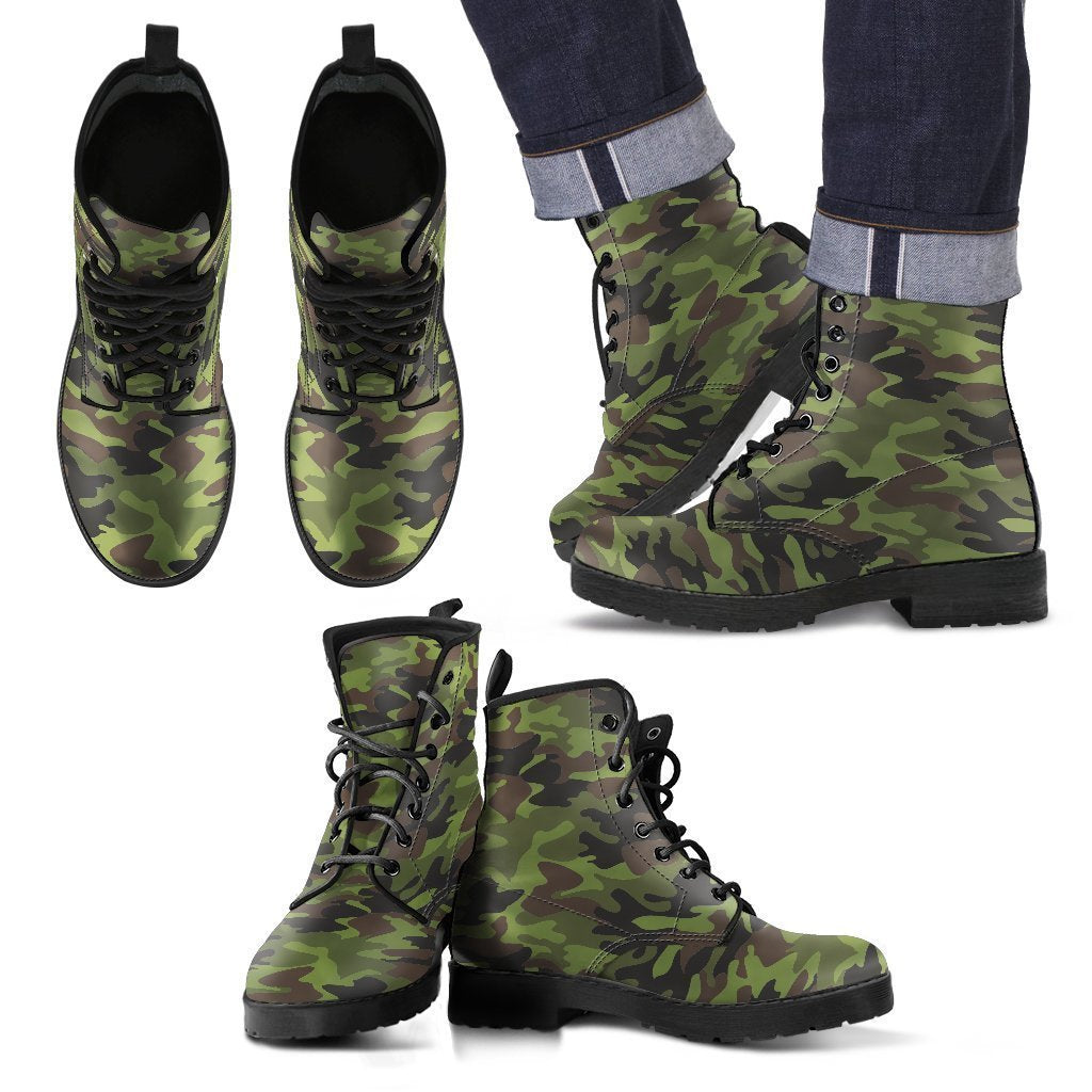 Dark Green And Black Camouflage Print Men's Boots