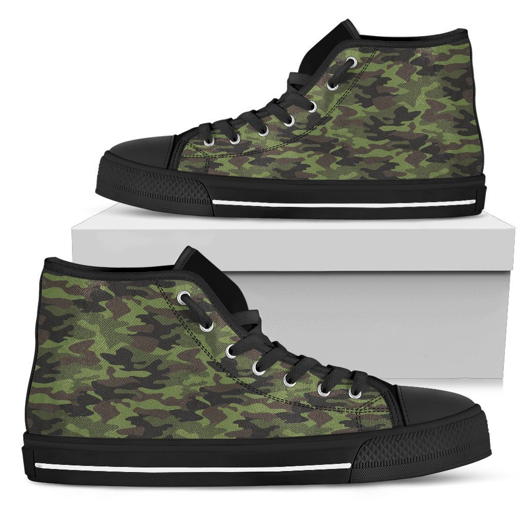 Dark Green And Black Camouflage Print Men's High Top Shoes