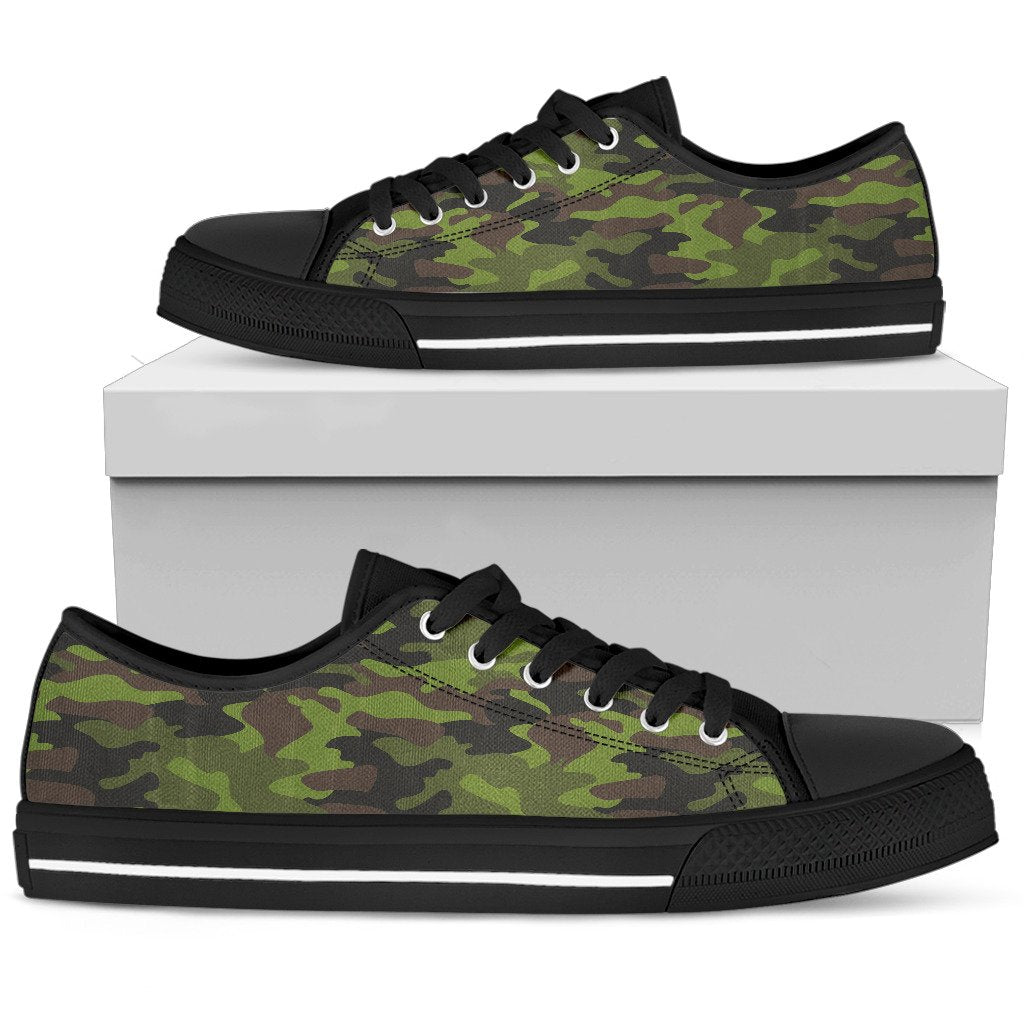 Dark Green And Black Camouflage Print Men's Low Top Shoes