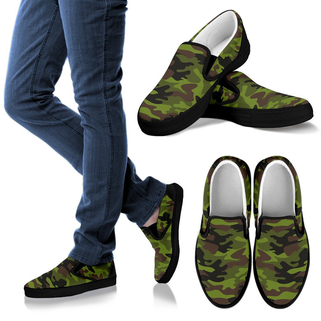 Dark Green And Black Camouflage Print Men's Slip On Shoes