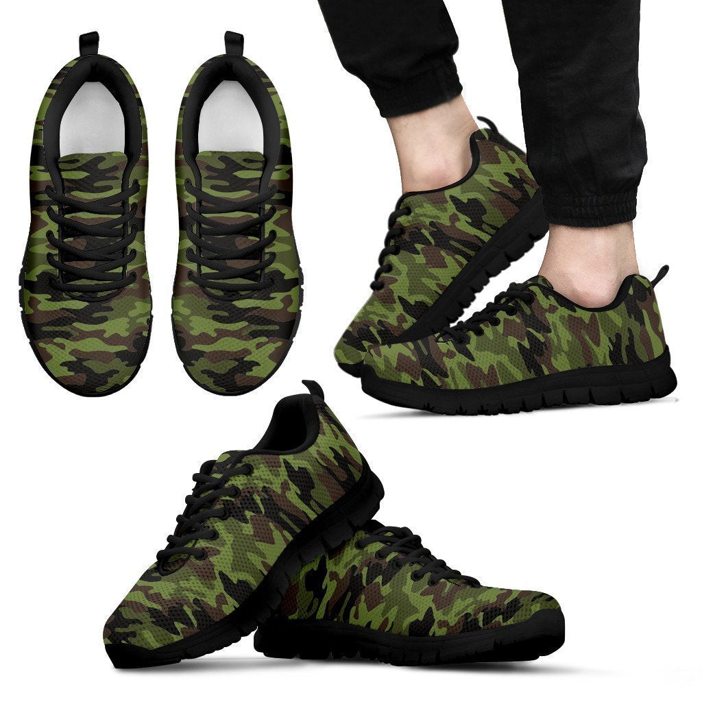 Dark Green And Black Camouflage Print Men's Sneakers