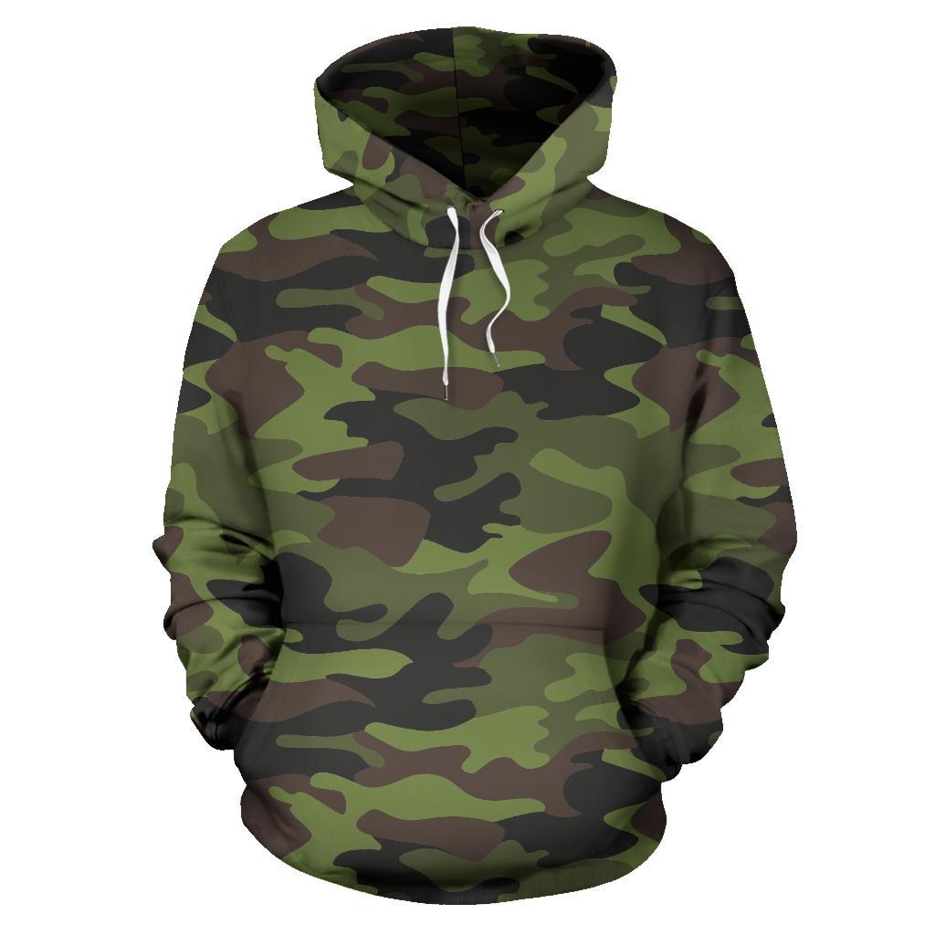 Dark Green And Black Camouflage Print Pullover Hoodie