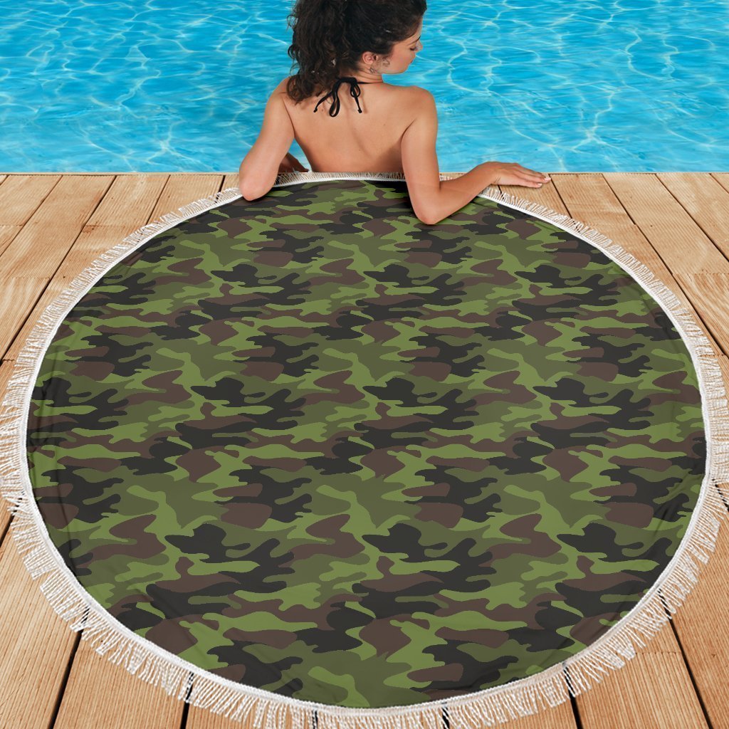 Dark Green And Black Camouflage Print Round Beach Blanket