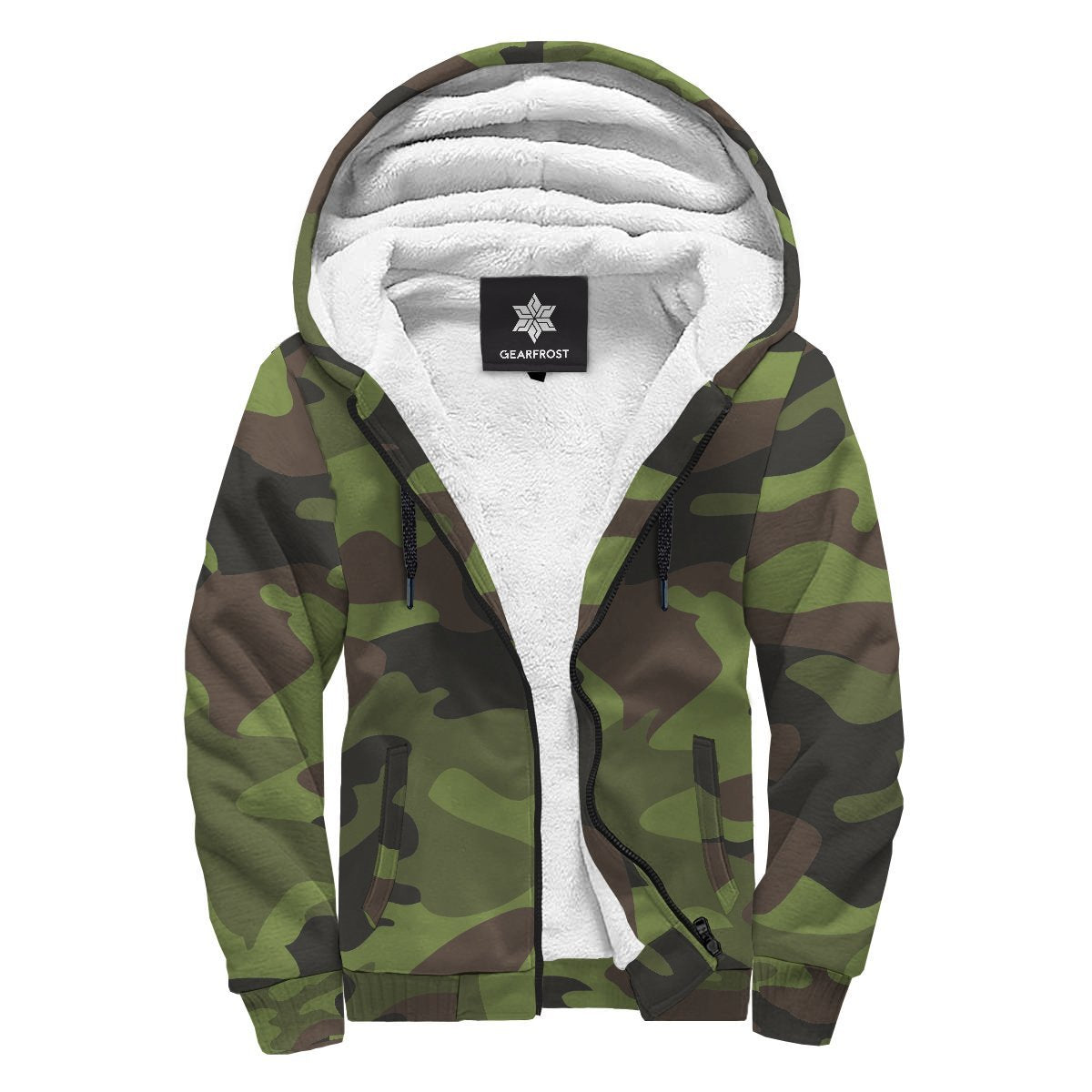 Dark Green And Black Camouflage Print Sherpa Lined Fleece Hoodie