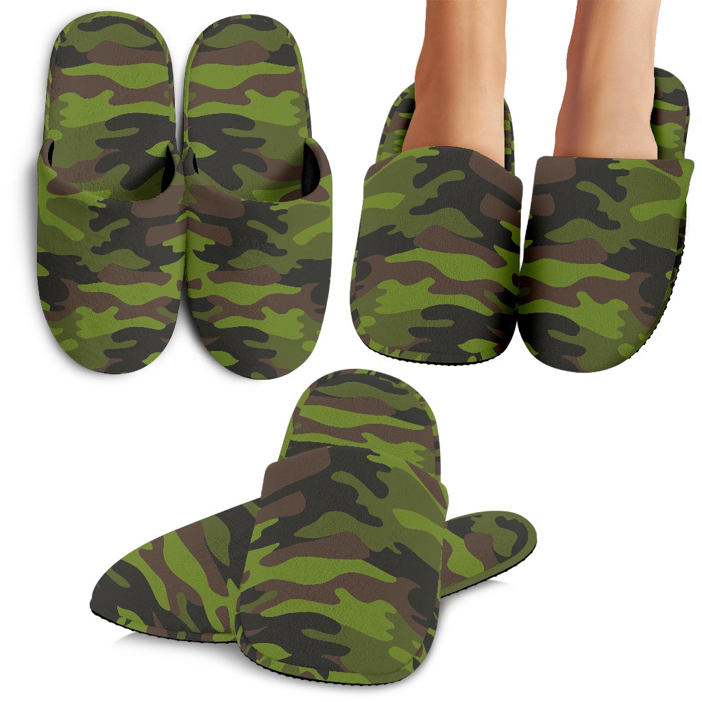 Dark Green And Black Camouflage Print Slippers