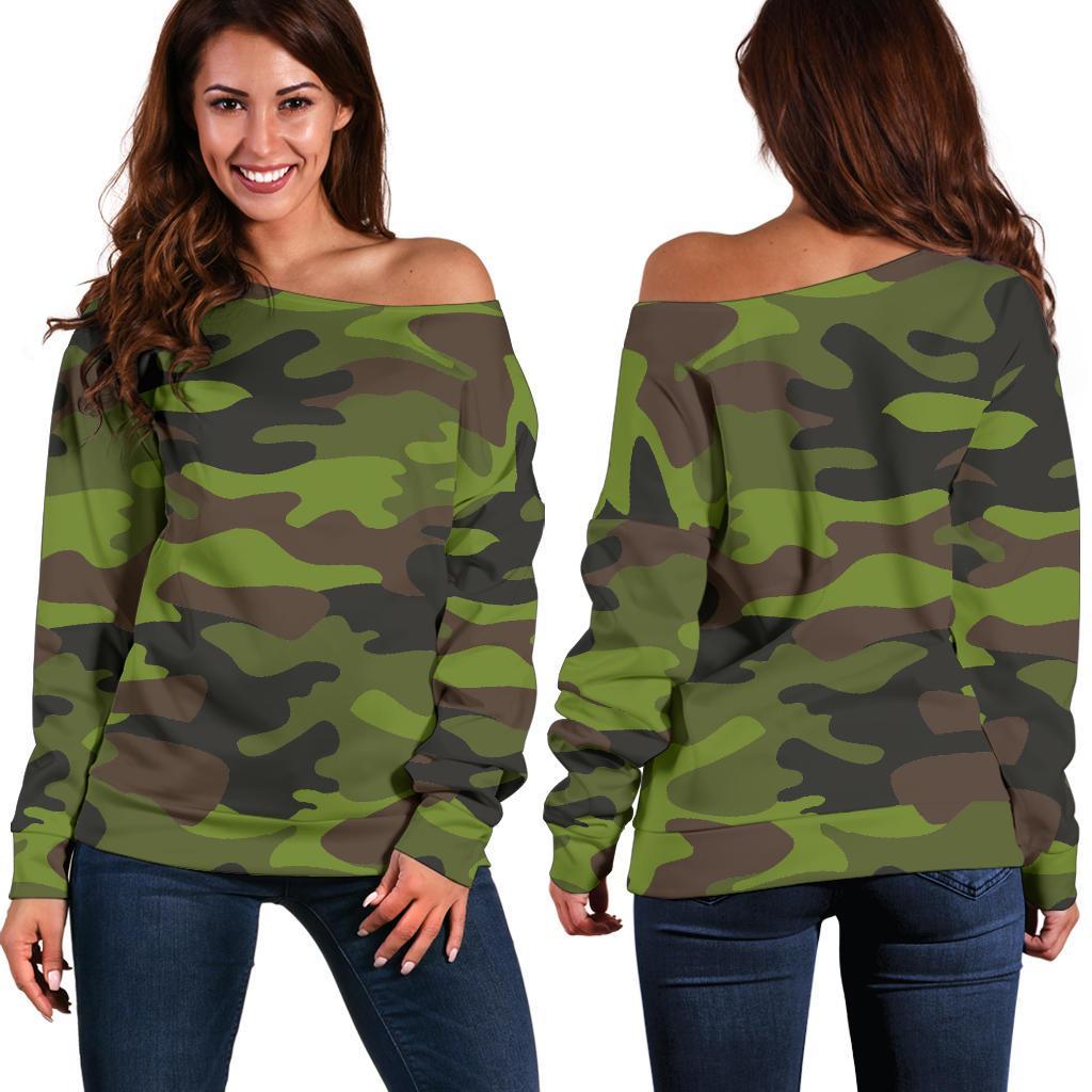 Dark Green And Black Camouflage Print Women's Off-Shoulder Sweatshirt