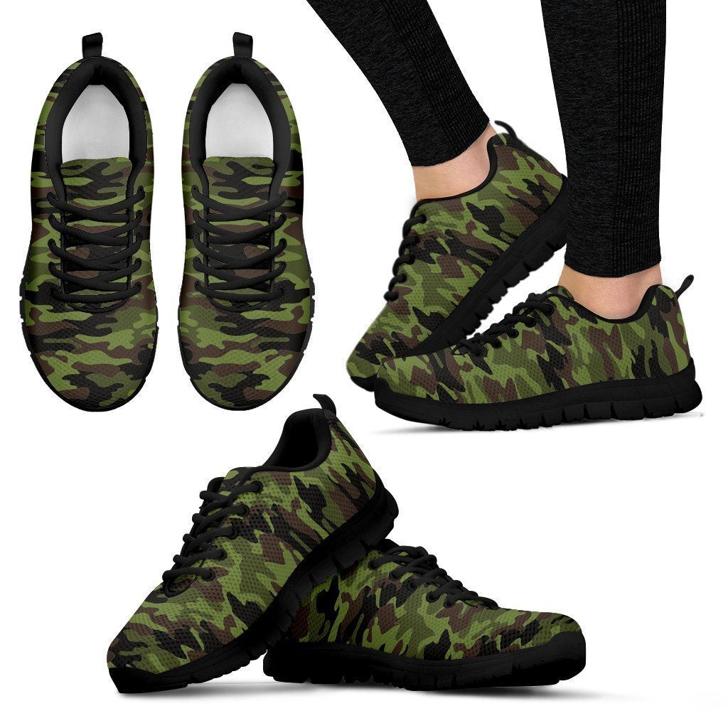 Dark Green And Black Camouflage Print Women's Sneakers