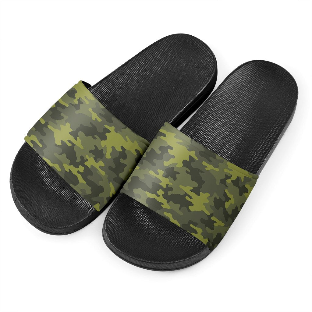 Dark Green Camouflage Print Black Slide Sandals