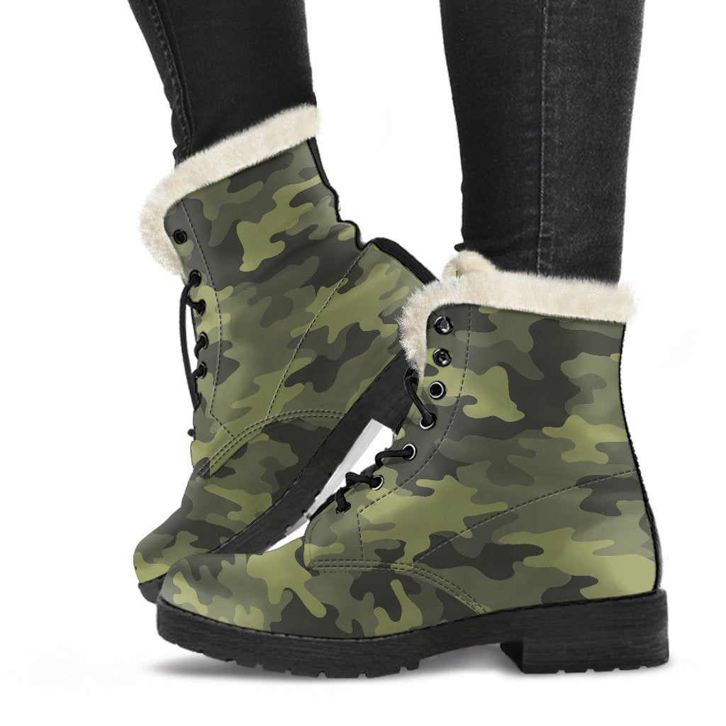 Dark Green Camouflage Print Faux Fur Leather Boots