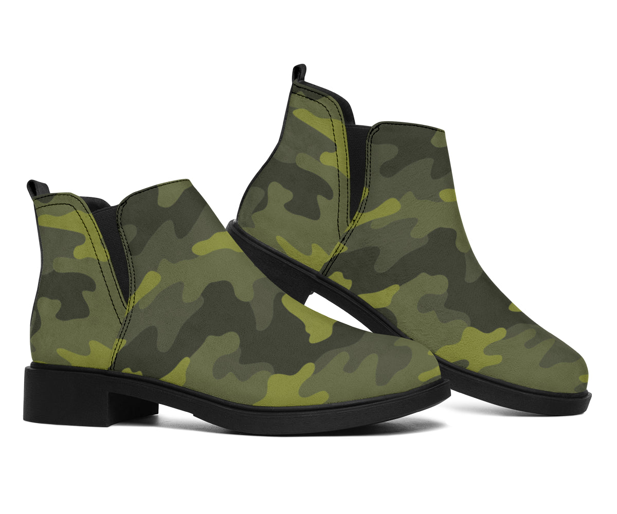 Dark Green Camouflage Print Flat Ankle Boots