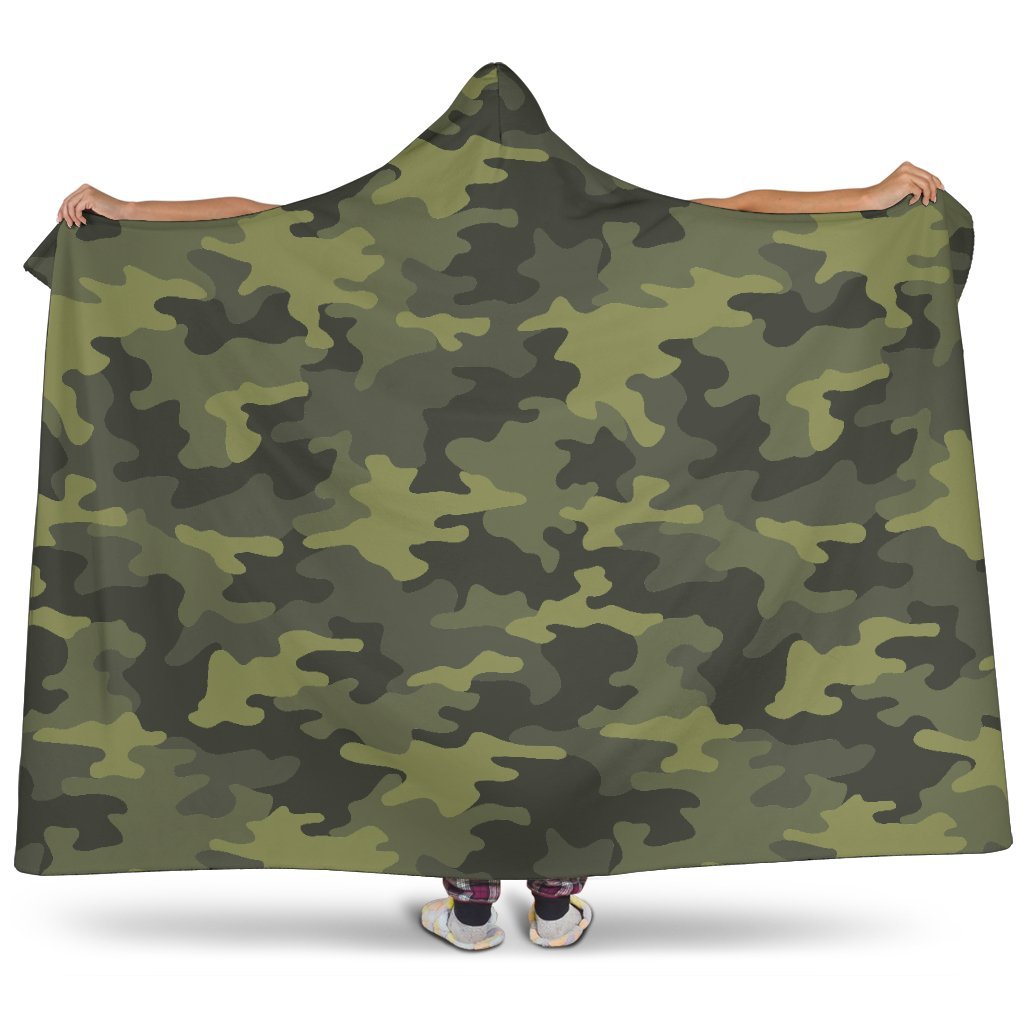 Dark Green Camouflage Print Hooded Blanket