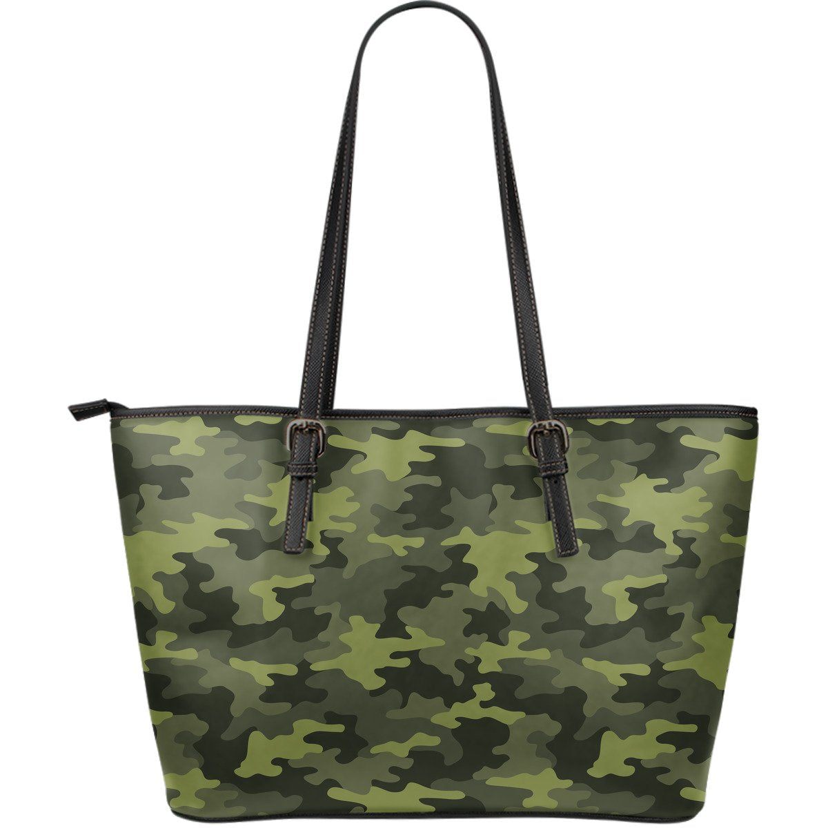 Dark Green Camouflage Print Leather Tote Bag