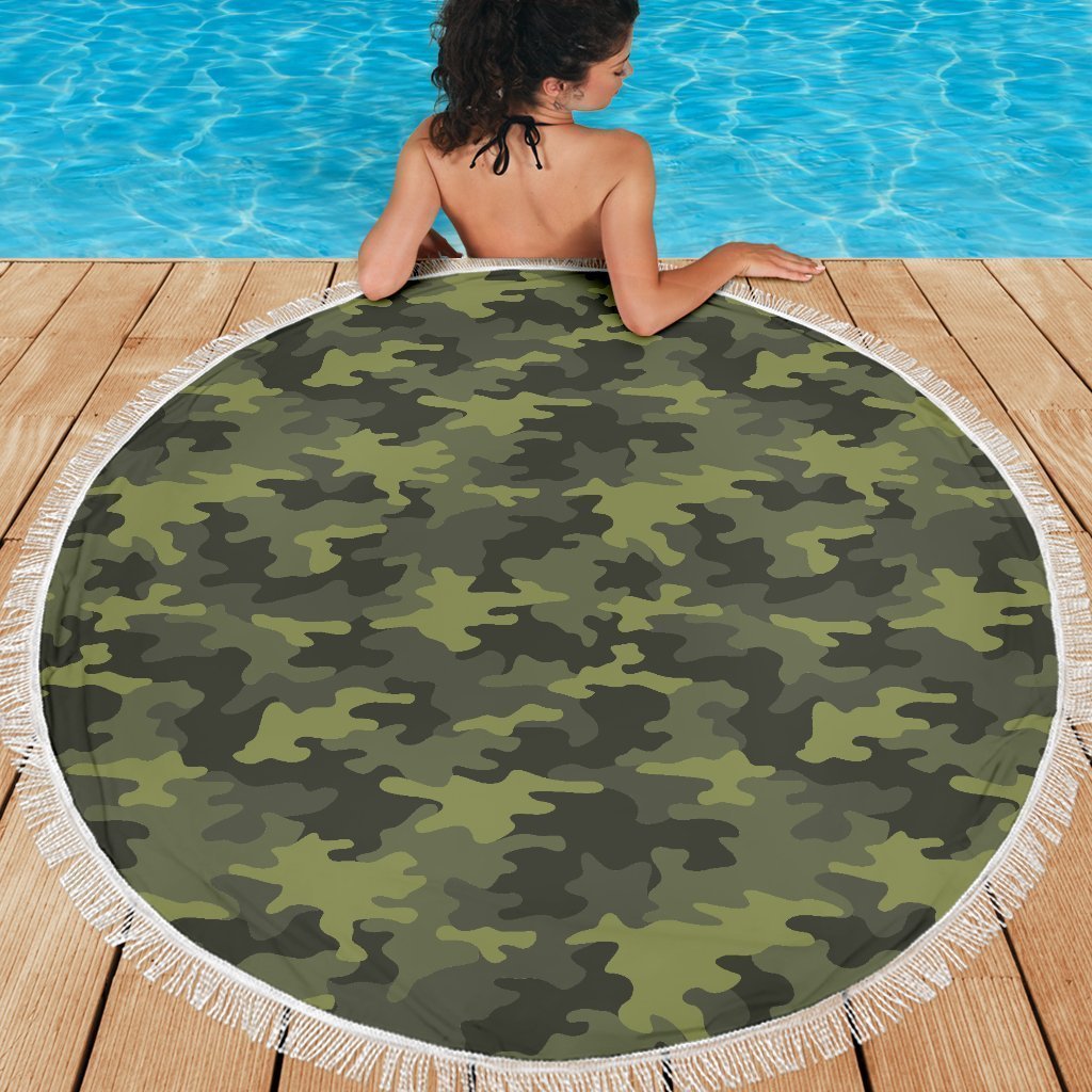 Dark Green Camouflage Print Round Beach Blanket