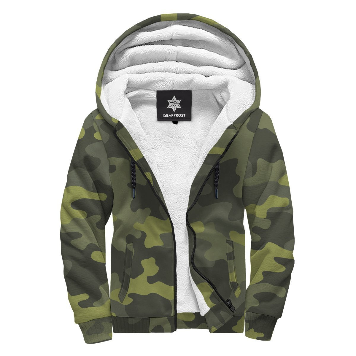 Dark Green Camouflage Print Sherpa Lined Fleece Hoodie