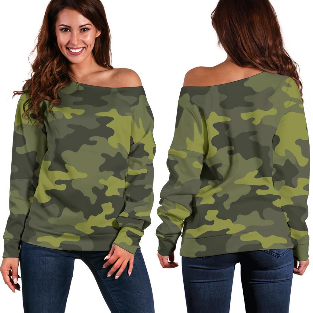 Dark Green Camouflage Print Women's Off-Shoulder Sweatshirt