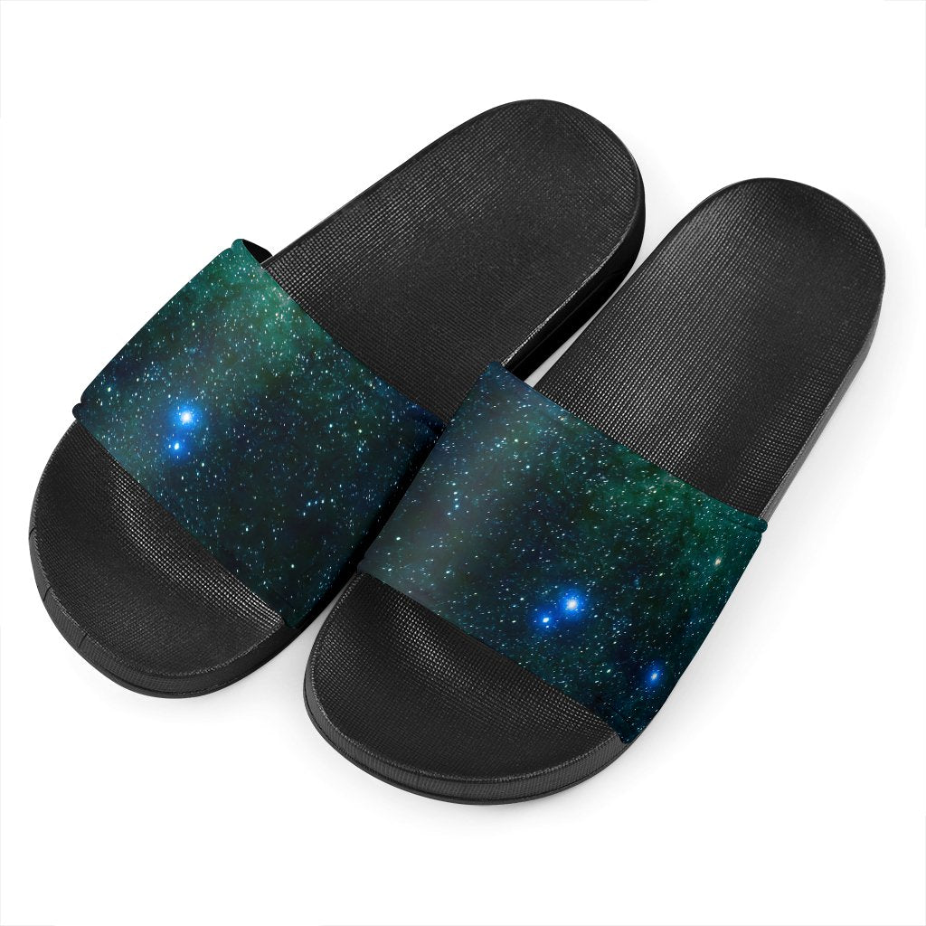 Dark Green Galaxy Space Print Black Slide Sandals