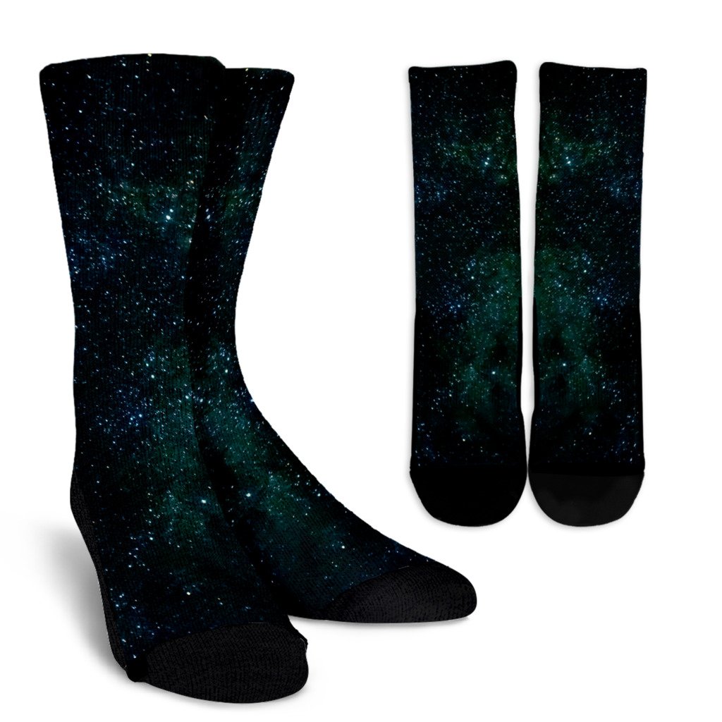 Dark Green Galaxy Space Print Crew Socks